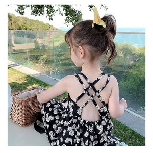 Girls Black Daisy Floral Print Criss-Cross Back Sundress Summer Tank Dress 2T